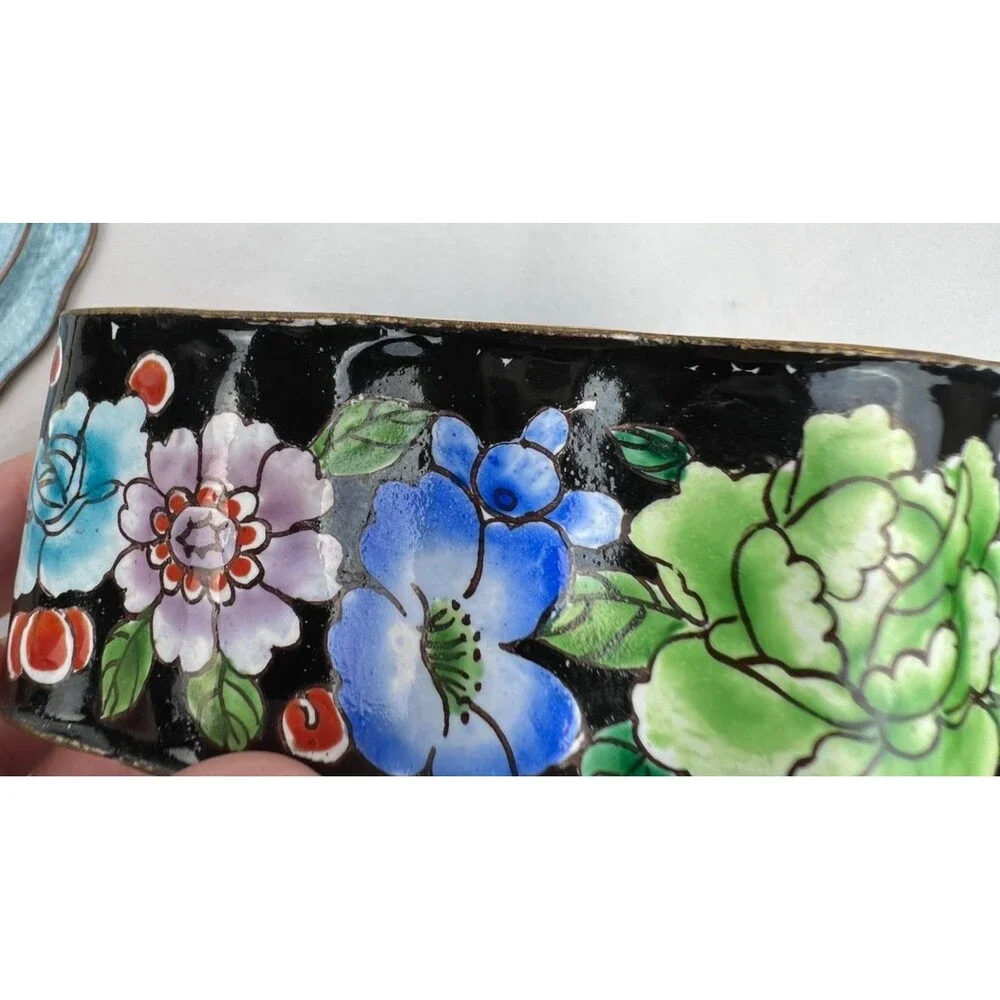 Vintage Seymour Mann Mille Fleurs Floral Enamel Leaf Trinket Box Hand Painted